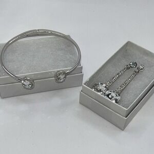 Coordinated Bracelet and Drop Rhinestone Earrings Silver Tone Elegant Sparkly